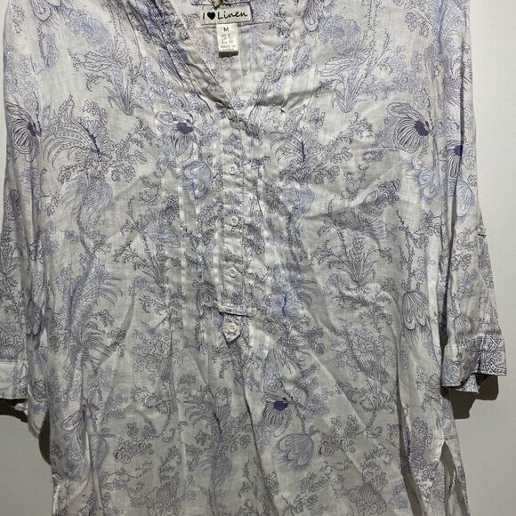 Malvin Women's White Blue Floral Print I Love Linen Button Up Blouse Size 8 - Picture 6 of 12